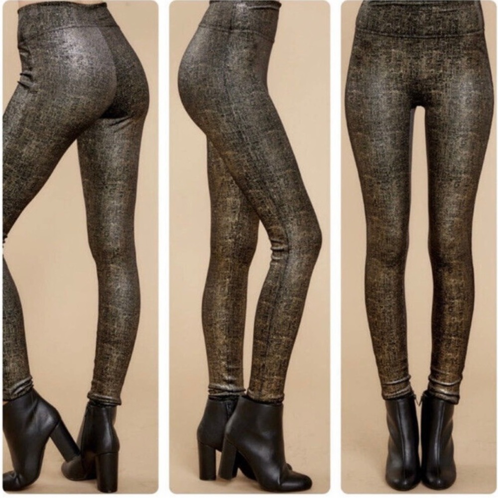 Spanx Velvet Shine Leggings Black Gold Metallic High Rise 20188r Women’s Small